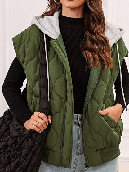 Oversized Drawstring Hooded Zip Up Puffer Vest