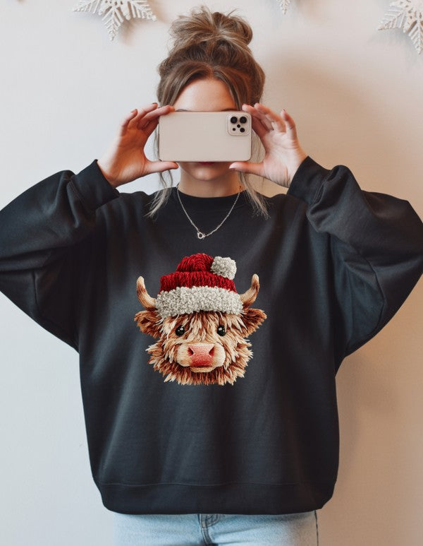 Crochet Christmas Highland Cow Graphic Sweatshirt