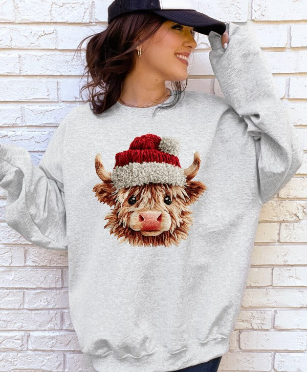 Crochet Christmas Highland Cow Graphic Sweatshirt