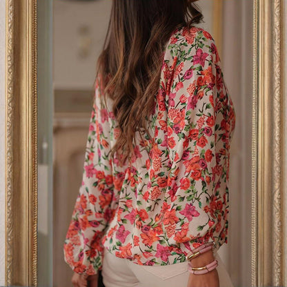 Boho Floral V-Neck Drawstring Blouse