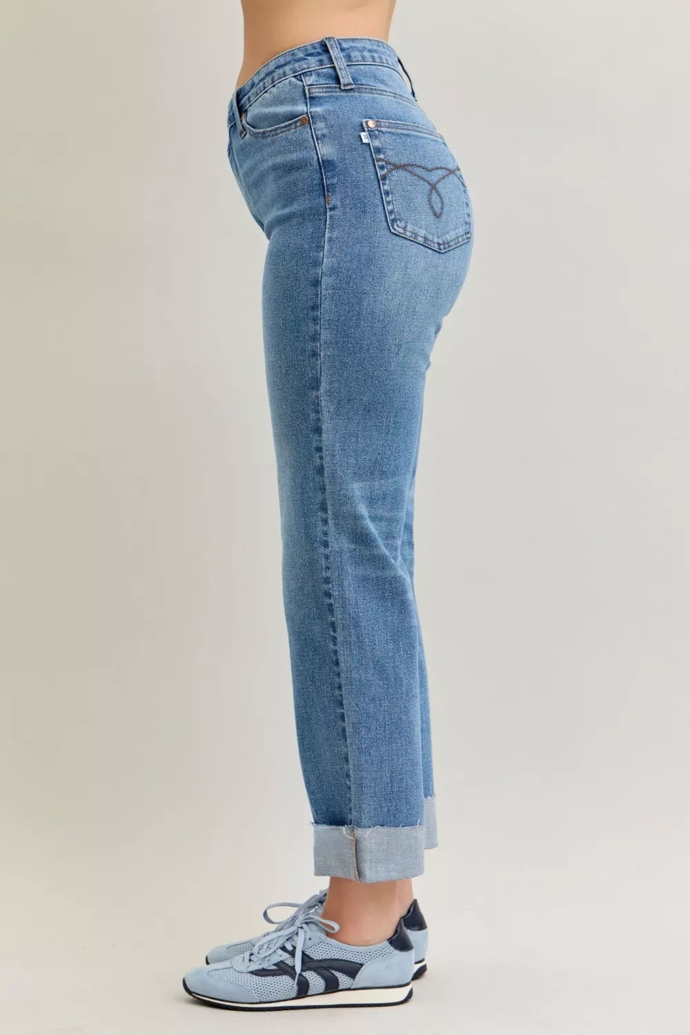 Judy Blue High Waist Bf Criss-cross Mild Destroy Jeans with Single Cuff