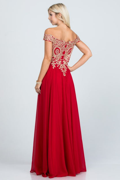 La Scala Off Shoulder Chiffon Gown with Lace Appliques