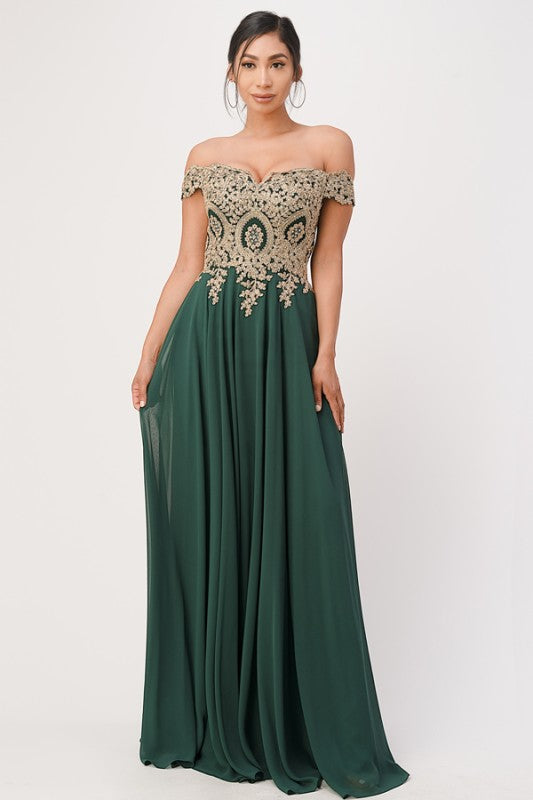 La Scala Off Shoulder Chiffon Gown with Lace Appliques