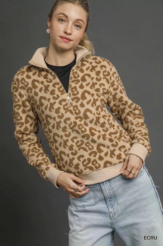 Umgee Leopard Print Quarter-Zip Sweatshirt