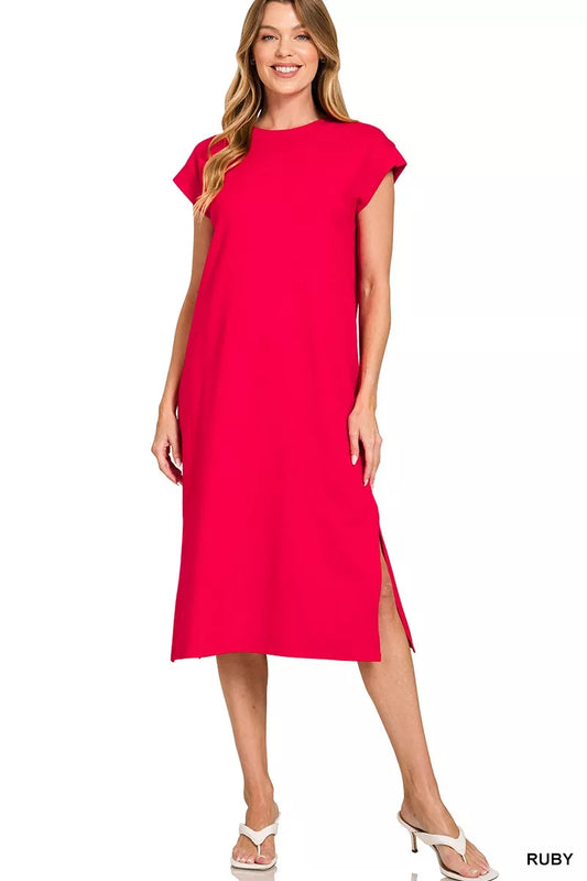 Zenana Round Neck Side Slit Midi Dress in Ruby
