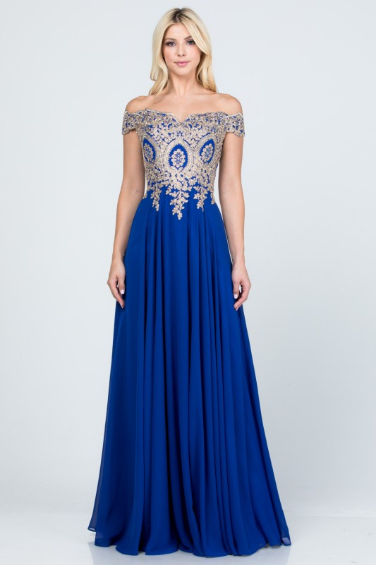 La Scala Off Shoulder Chiffon Gown with Lace Appliques