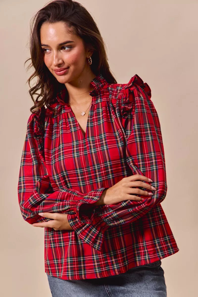 SO ME Christmas Checkered Plaid Smocked Blouse