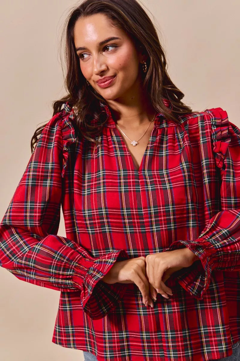 SO ME Christmas Checkered Plaid Smocked Blouse