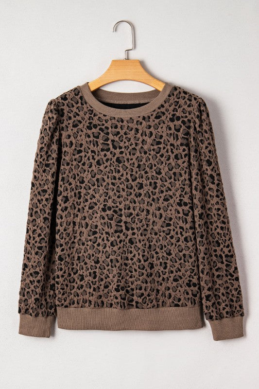 Leopard Ribbed Trim Long Sleeve Top