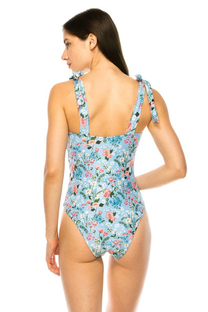 One Piece Floral Print Shoulder Top Tie Swimsuit