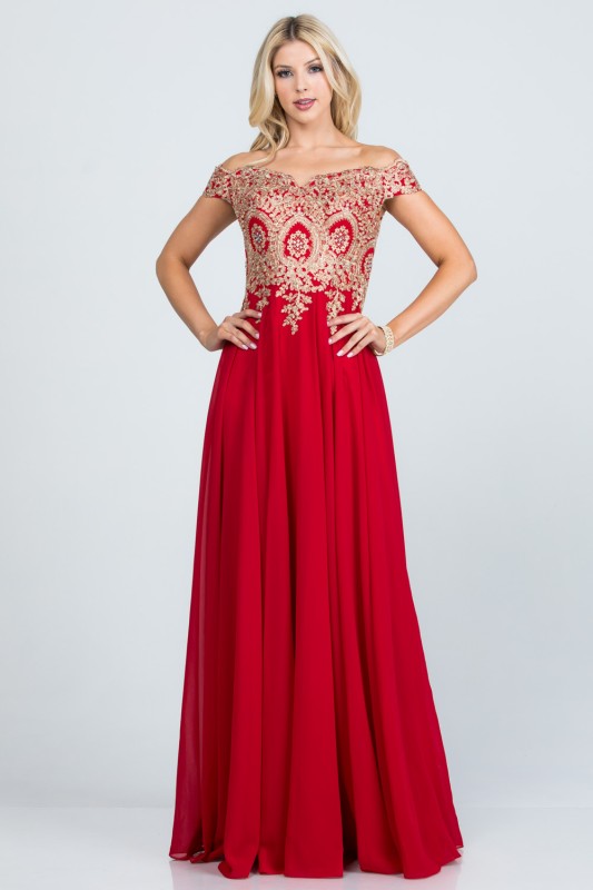 La Scala Off Shoulder Chiffon Gown with Lace Appliques