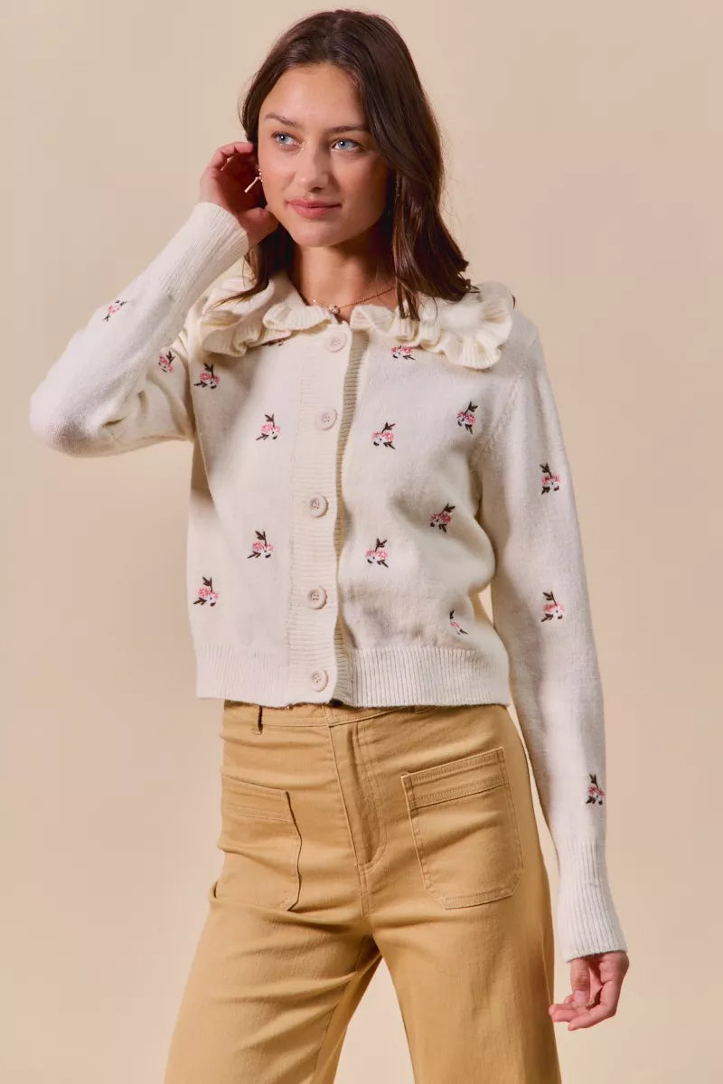 SO ME Collared Floral Embroidered Button Down Sweater Cardigan