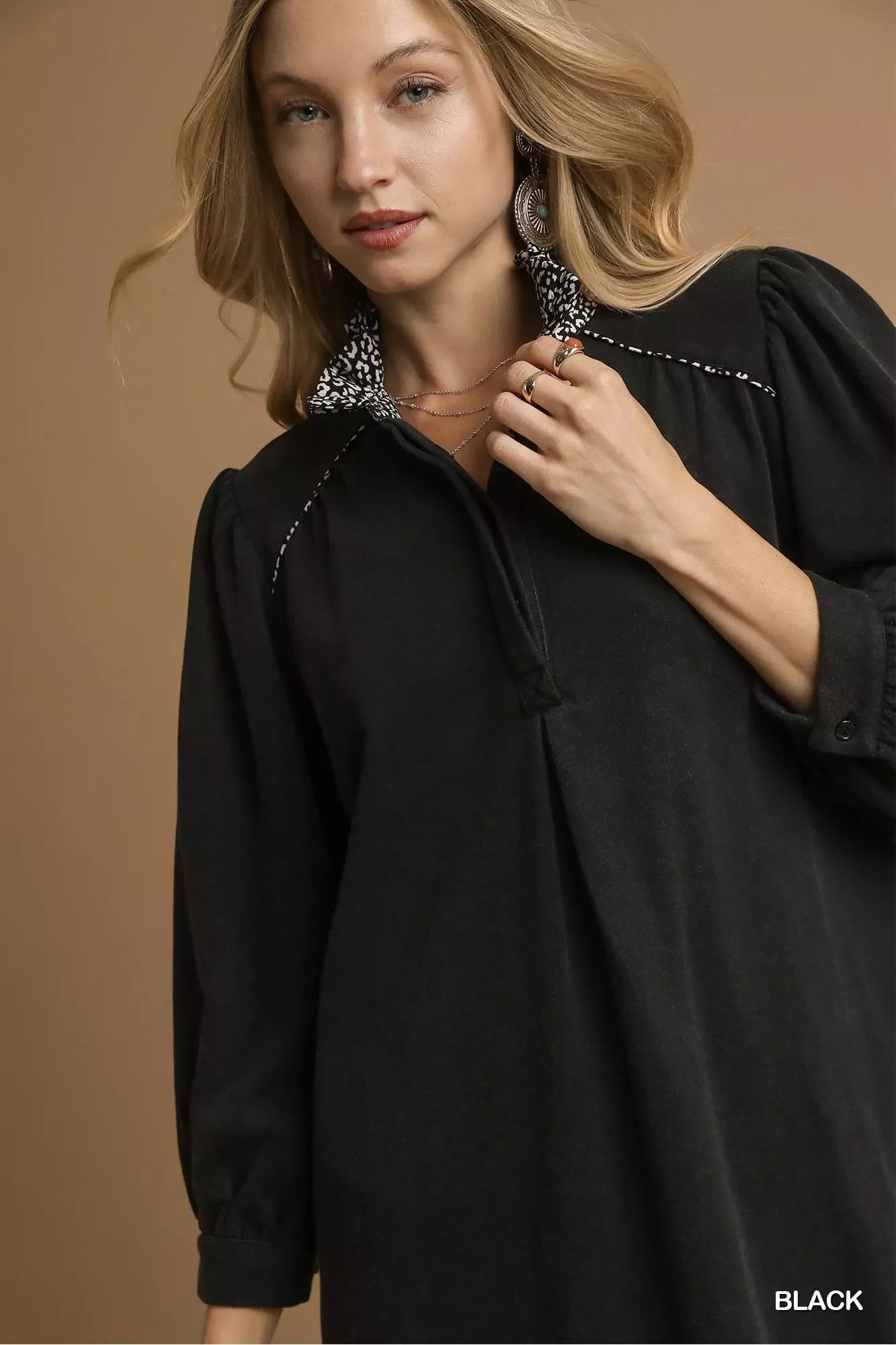 Umgee French Terry Balloon Sleeve Shift Dress with Leopard Print Detail