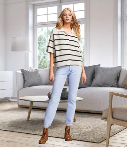 Women’s Knit Button Cardigan with Striped Short Sleeves