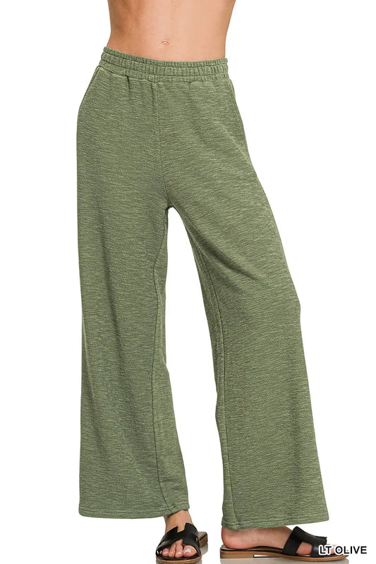 Zenana Cotton Slub Wide Leg Pants in Olive