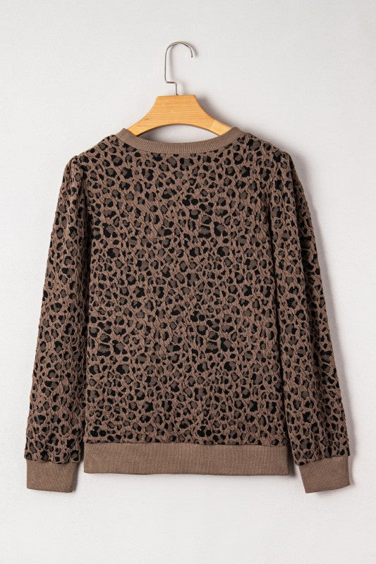 Leopard Ribbed Trim Long Sleeve Top
