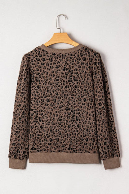 Leopard Ribbed Trim Long Sleeve Top