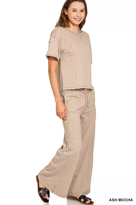 Zenana Cotton Slub Short Sleeve Tee and Pants Set in Mocha