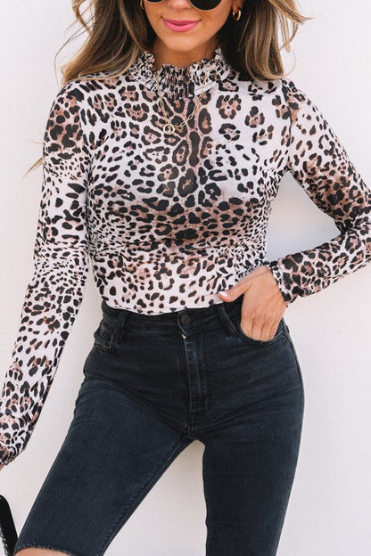 Leopard Mesh Smocked Neck Long Sleeve Bodysuit