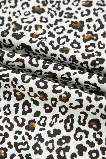 Plus Size Leopard Half-Button Collared Puff Sleeve