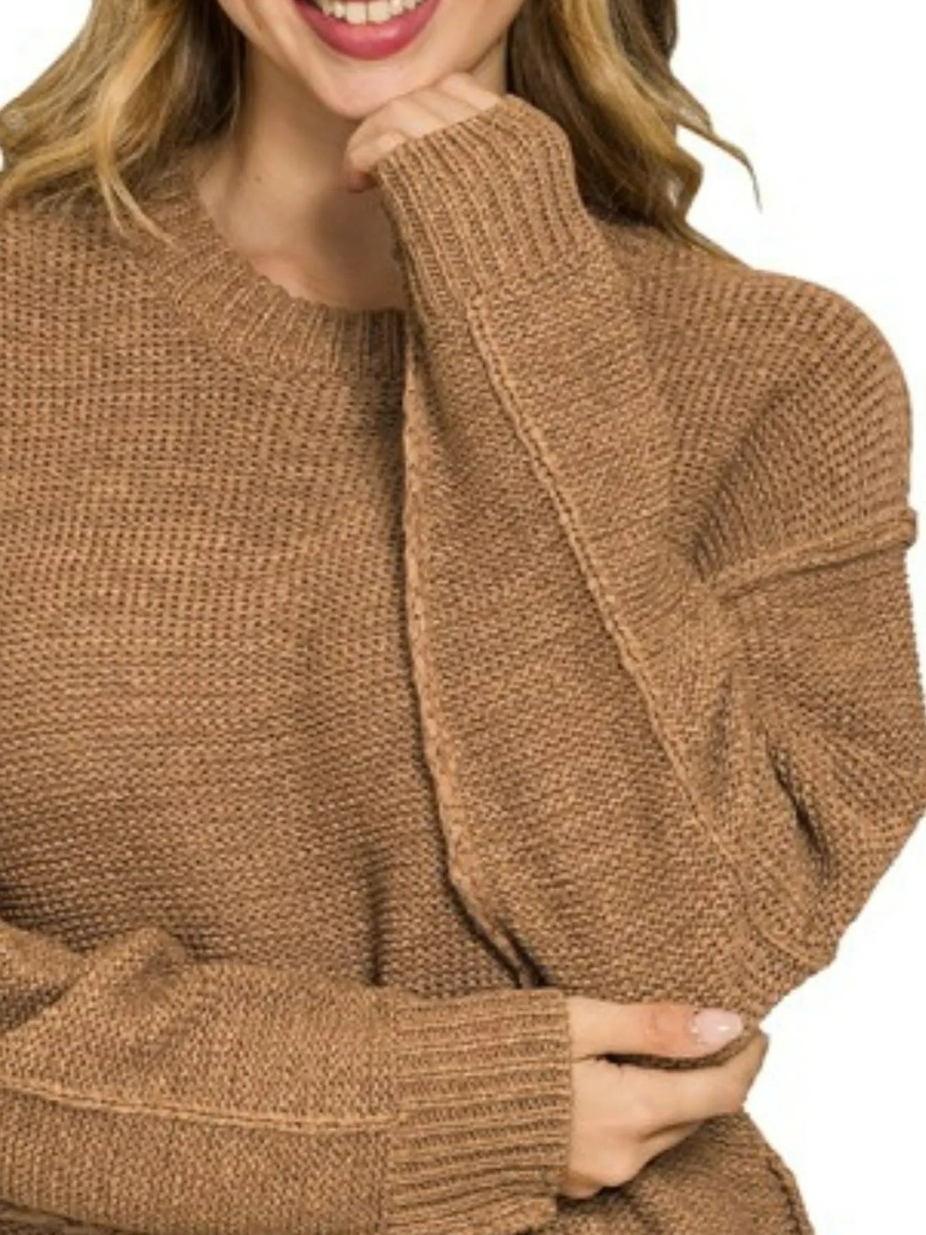 Zenana Exposed Seam Round Neck Sweater in Camel