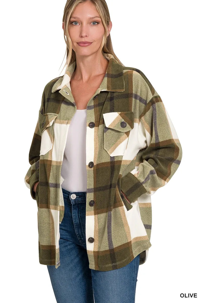 Zenana Oversized Plaid Fleece Shacket in Olive