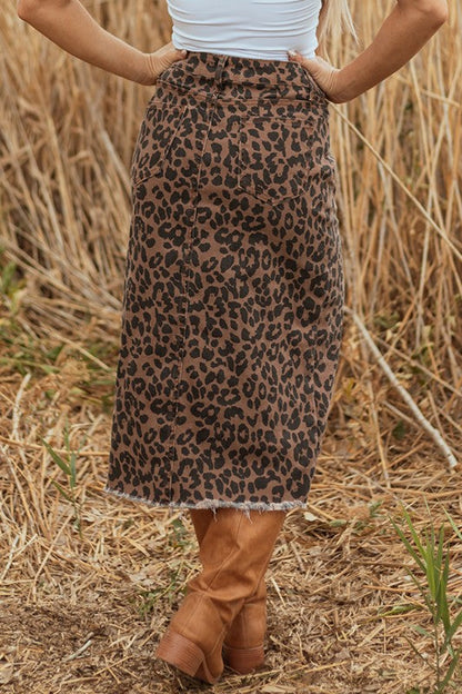 Leopard Denim Frayed Hem Midi Skirt