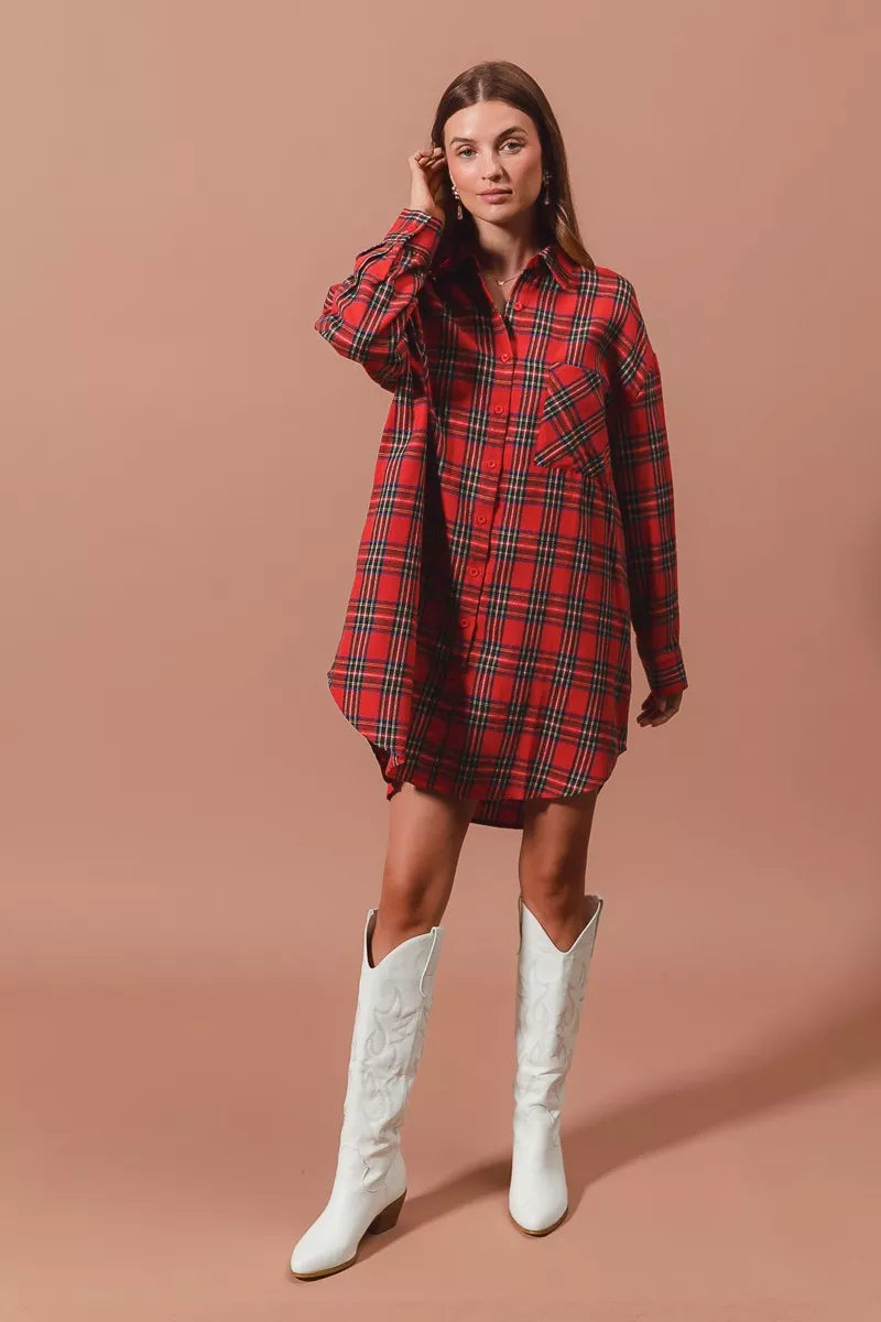 SO ME Christmas Checker Plaid Button Up Shirt Dress
