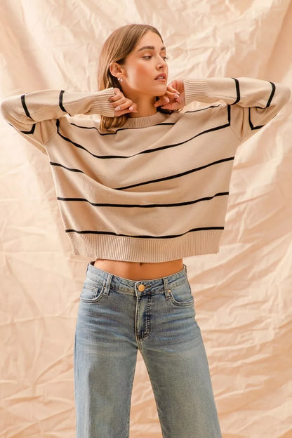 SO ME Stripe Crew Neck Basic Essential Sweater