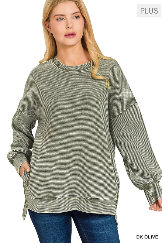 Zenana Full Size Acid Washed Double Ribbed Hi-low Sweatshirt Plus Size in Olive