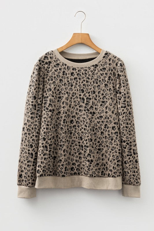 Leopard Ribbed Trim Long Sleeve Top