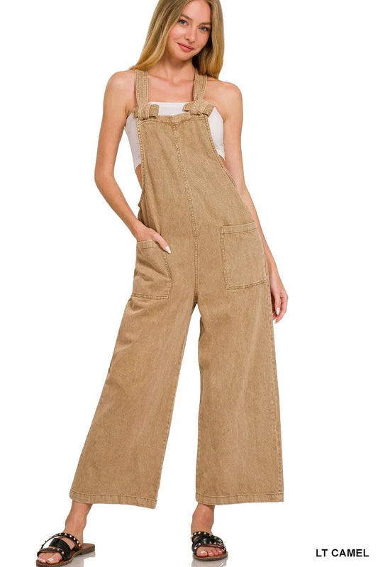 Zenana Washed Knot Strap Pockets Jumpsuit