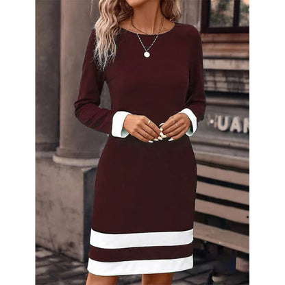 Fitted Color-Block Long-Sleeve Dress with Round Neckline