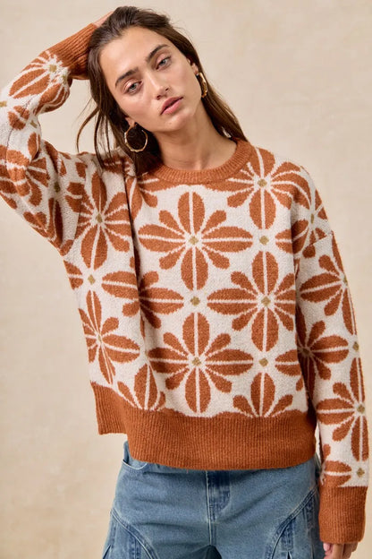 BiBi Flower Pattern Long Sleeve Sweater