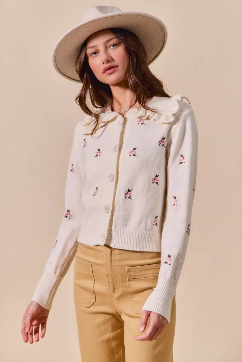 SO ME Collared Floral Embroidered Button Down Sweater Cardigan