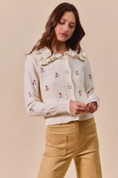 SO ME Collared Floral Embroidered Button Down Sweater Cardigan