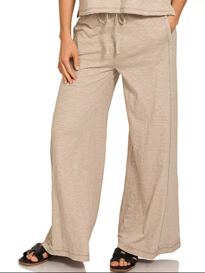 Zenana Cotton Slub Short Sleeve Tee and Pants Set in Mocha