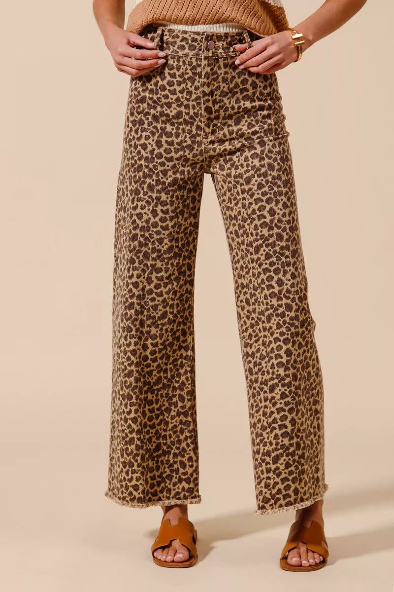 SO ME Mid Rise Leopard Twill Frayed Hem Wide Leg Pants