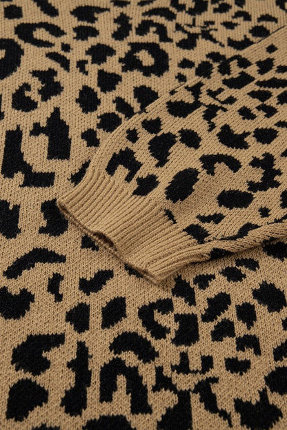Leopard Ribbed Trim Crewneck Drop Shoulder Sweater
