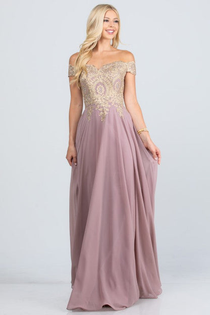 La Scala Off Shoulder Chiffon Gown with Lace Appliques