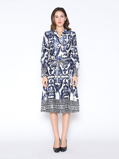 Floral Long Sleeve Lapel Collar Tie Belt Dress - Gracia D36953