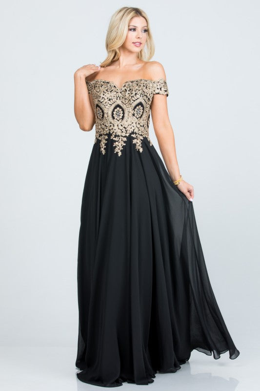 La Scala Off Shoulder Chiffon Gown with Lace Appliques