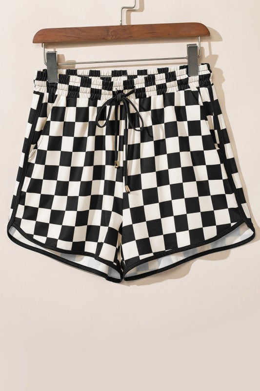Checker Drawstring Elastic Waist Shorts