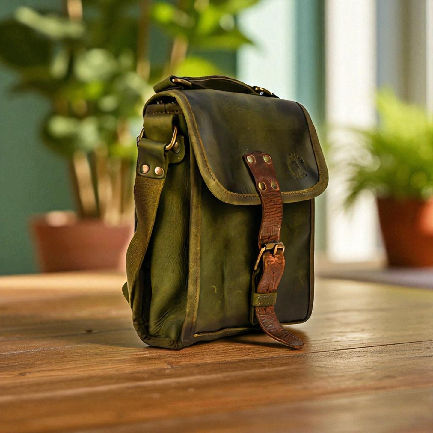 Petit sac cartable en cuir de bovin - Olive
