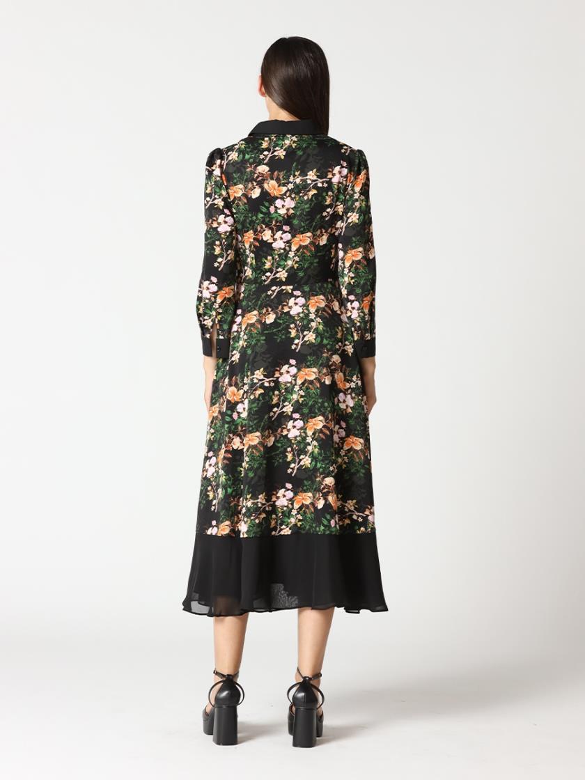 Gracia Floral Blocked Front-Button Collor Flare Dress D34449