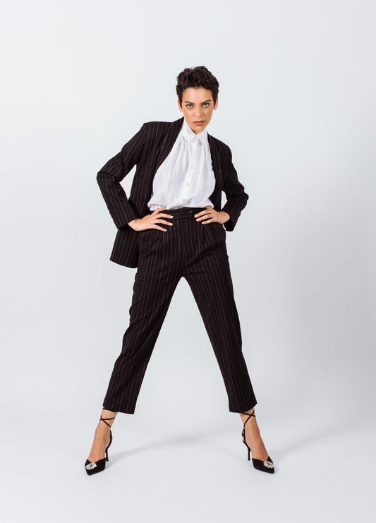Pantalon de costume noir à rayures fines – Pantalon de bureau sur mesure pour femme