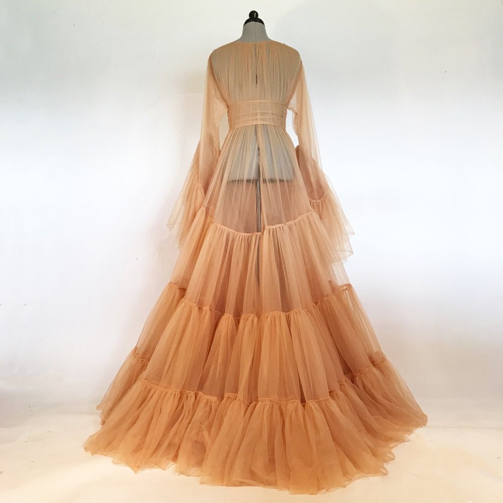 Tulle Ruffled Sleeves Layered Fringe Long Robe Dress