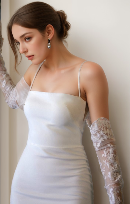 Greece Goddess Spaghetti-straps Stretchy Satin wedding dress small train little white dress