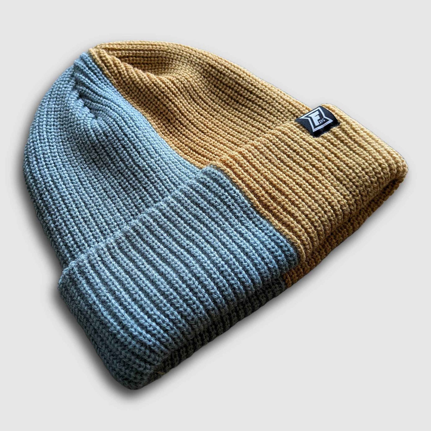 2-Tone Split Color Beanie - Mineral Blue/Tan