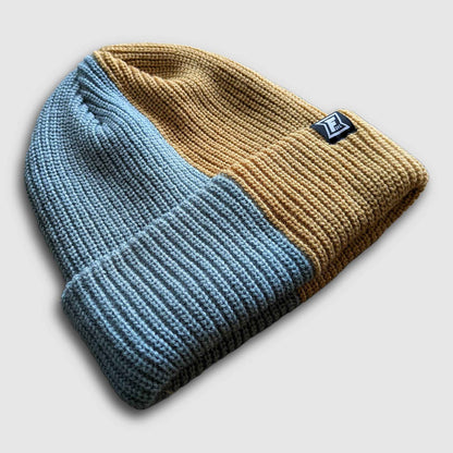 2-Tone Split Color Beanie - Mineral Blue/Tan
